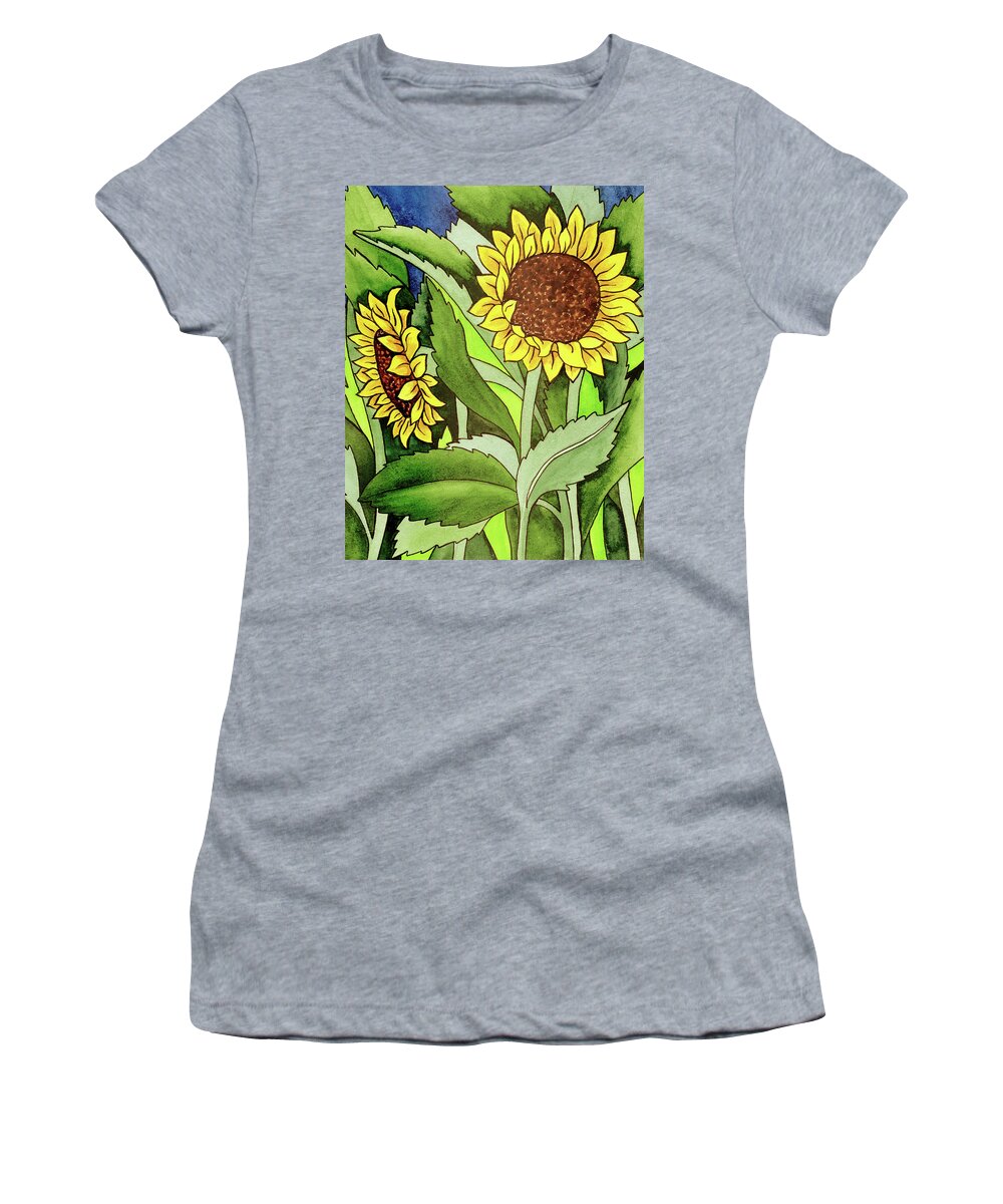 Sunflowers Women's T-Shirt featuring the painting Two Sunflowers Under The Tuscan Sun by Irina Sztukowski