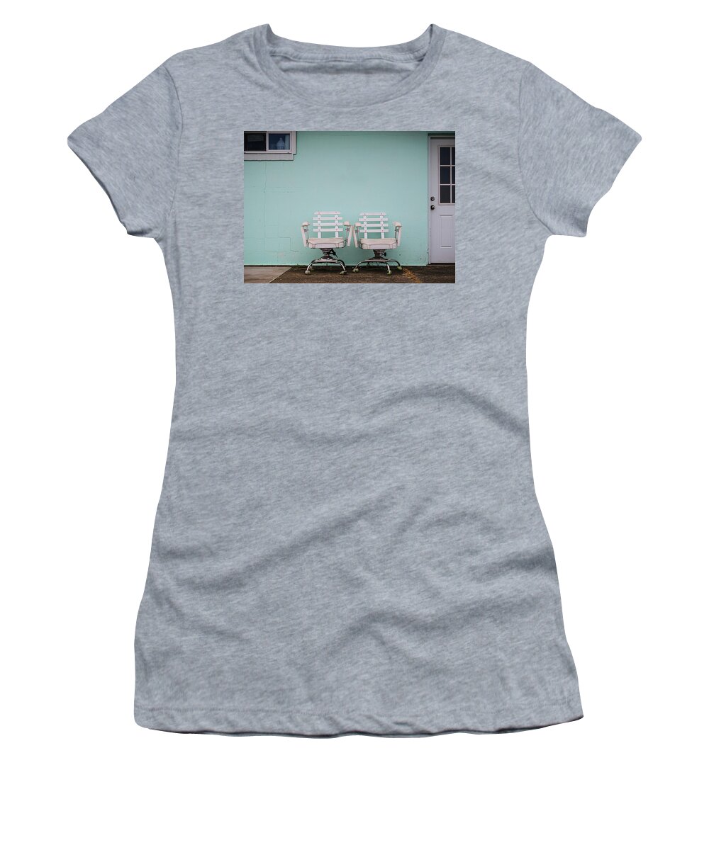 Fishing Women's T-Shirt featuring the photograph Two White Chairs by Steve Stanger