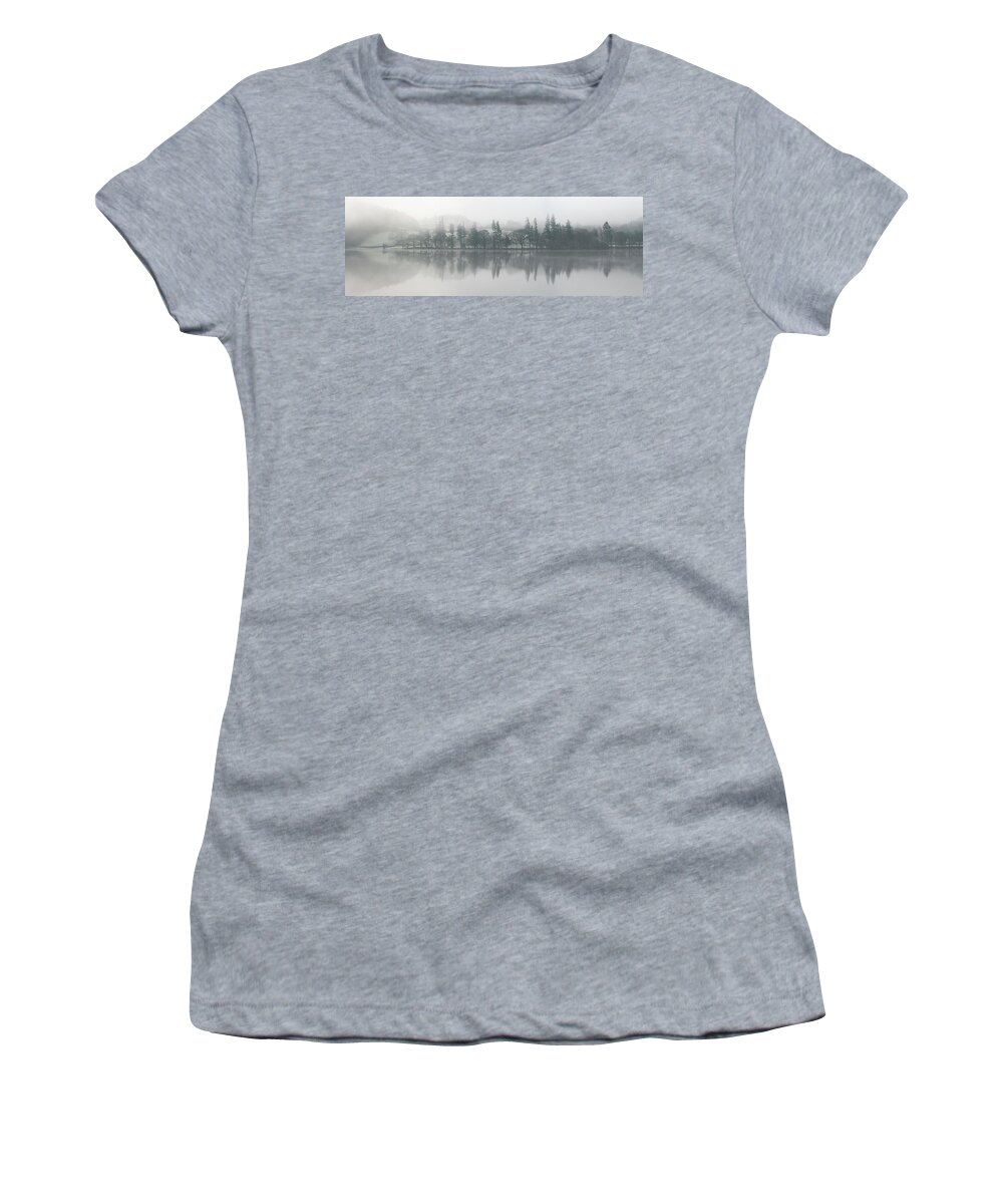 Panorama Women's T-Shirt featuring the photograph Ulswater lake mist and fog lake district by Sonny Ryse