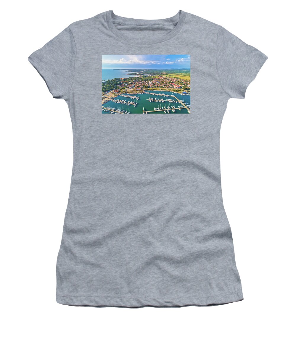Umag Women's T-Shirt featuring the photograph Umag. Aerial view of sailing marina and beautiful coastlne in Um by Brch Photography
