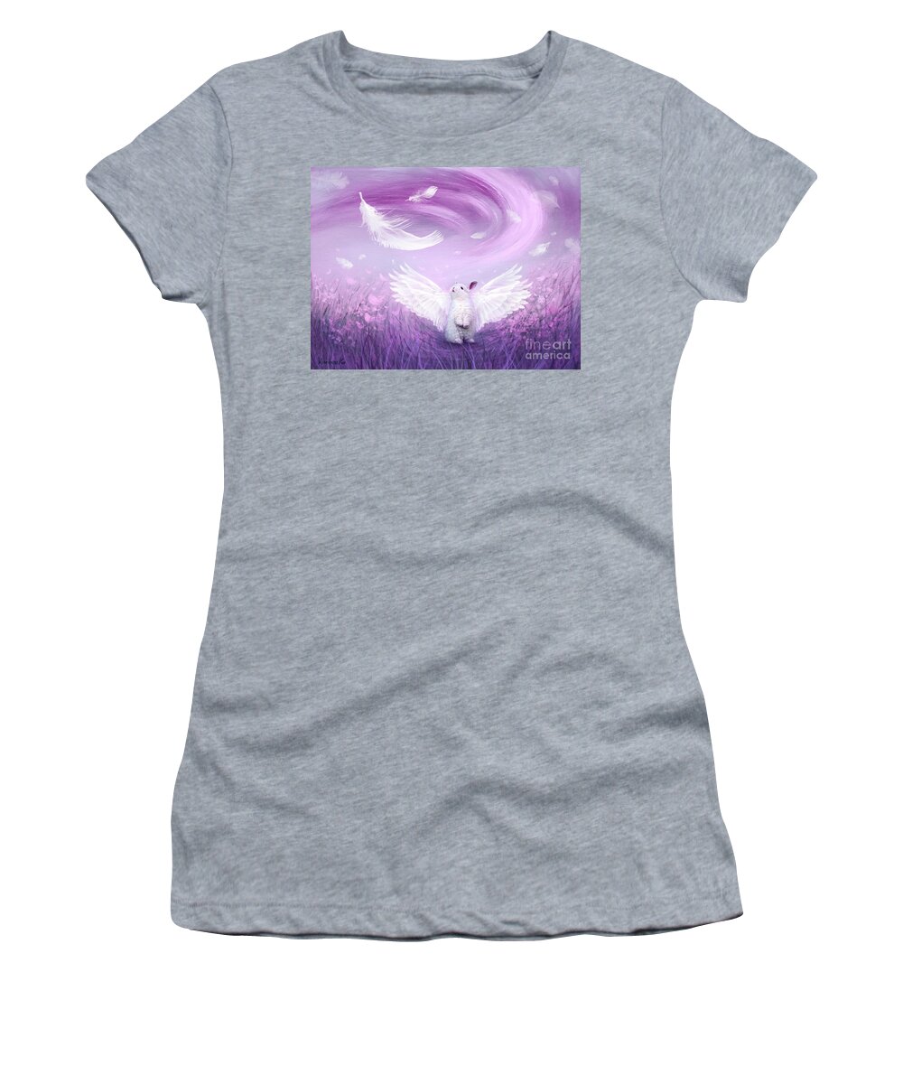 Wings Women's T-Shirt featuring the painting Under His Wings - Purple Gray by Yoonhee Ko