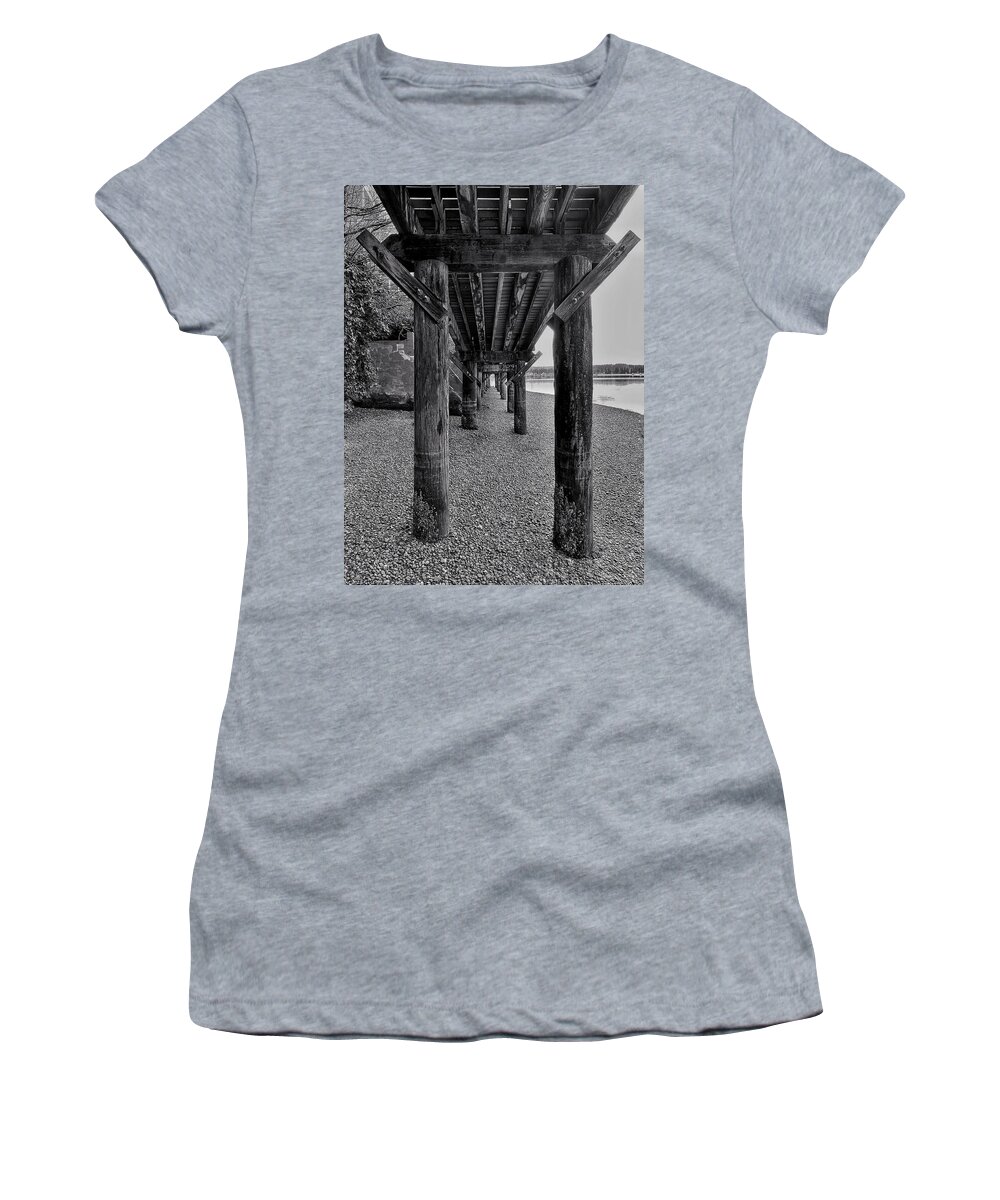 Black And White Women's T-Shirt featuring the photograph Under the Boardwalk - Poulsbo bw by Jerry Abbott