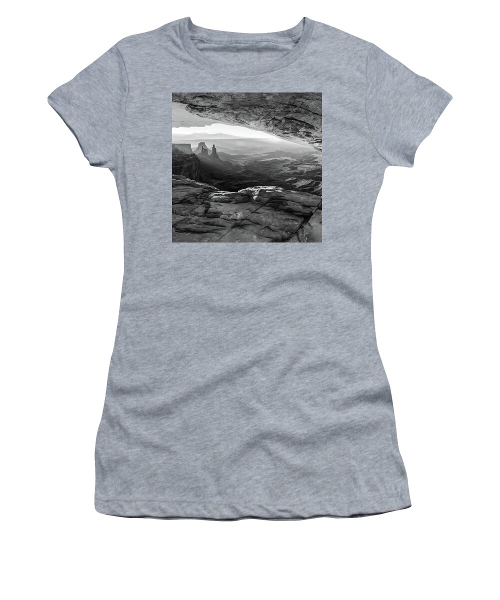 America Women's T-Shirt featuring the photograph Under the Mesa Arch Canyonlands - Moab Utah - Square Format - Black and White by Gregory Ballos