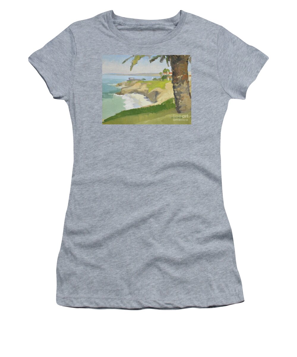 Wedding Bowl Women's T-Shirt featuring the painting Under the Palm at the Wedding Bowl, La Jolla by Paul Strahm