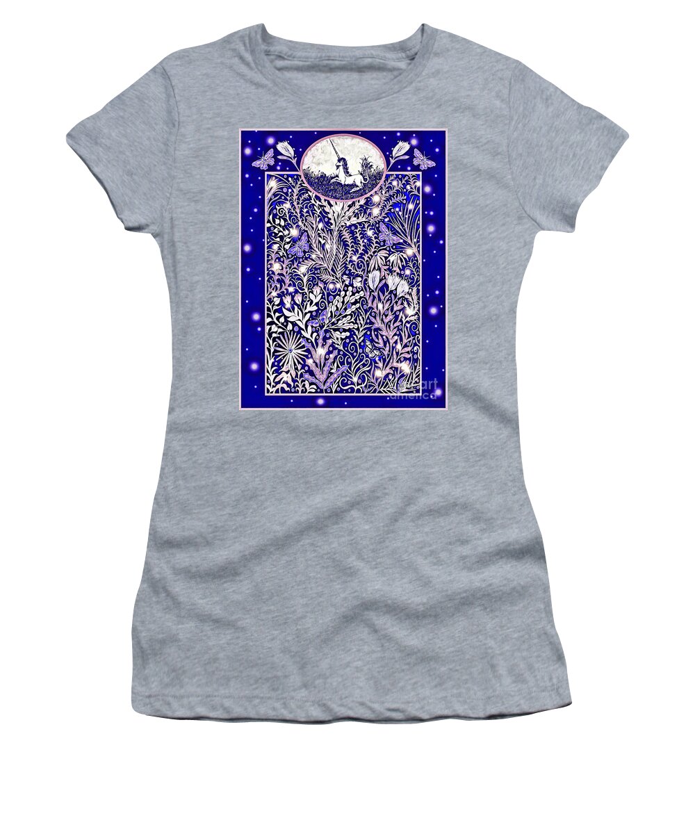 Unicorn Women's T-Shirt featuring the mixed media Unicorn Garden Tapestry Design in Midnight Blue by Lise Winne