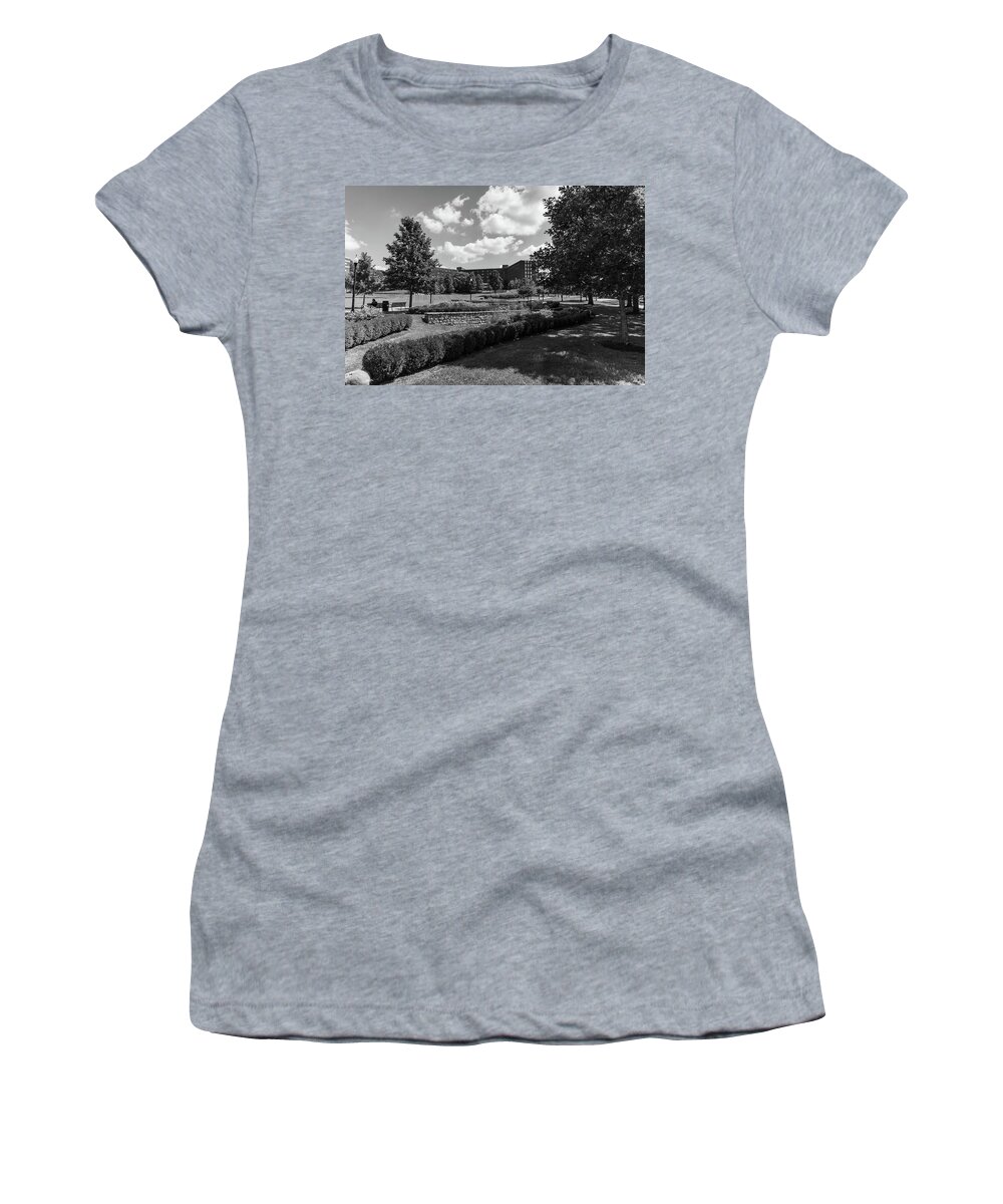 Private College Women's T-Shirt featuring the photograph University of Dayton campus in black and white by Eldon McGraw