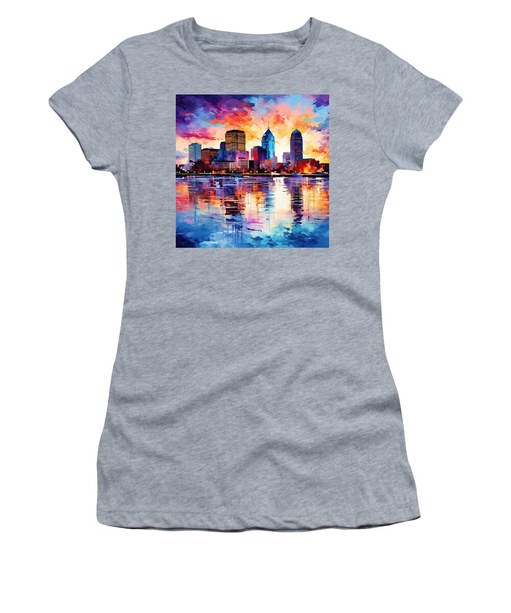 Downtown Louisville Women's T-Shirt featuring the painting Vibrant Sunset over Louisville by Lourry Legarde