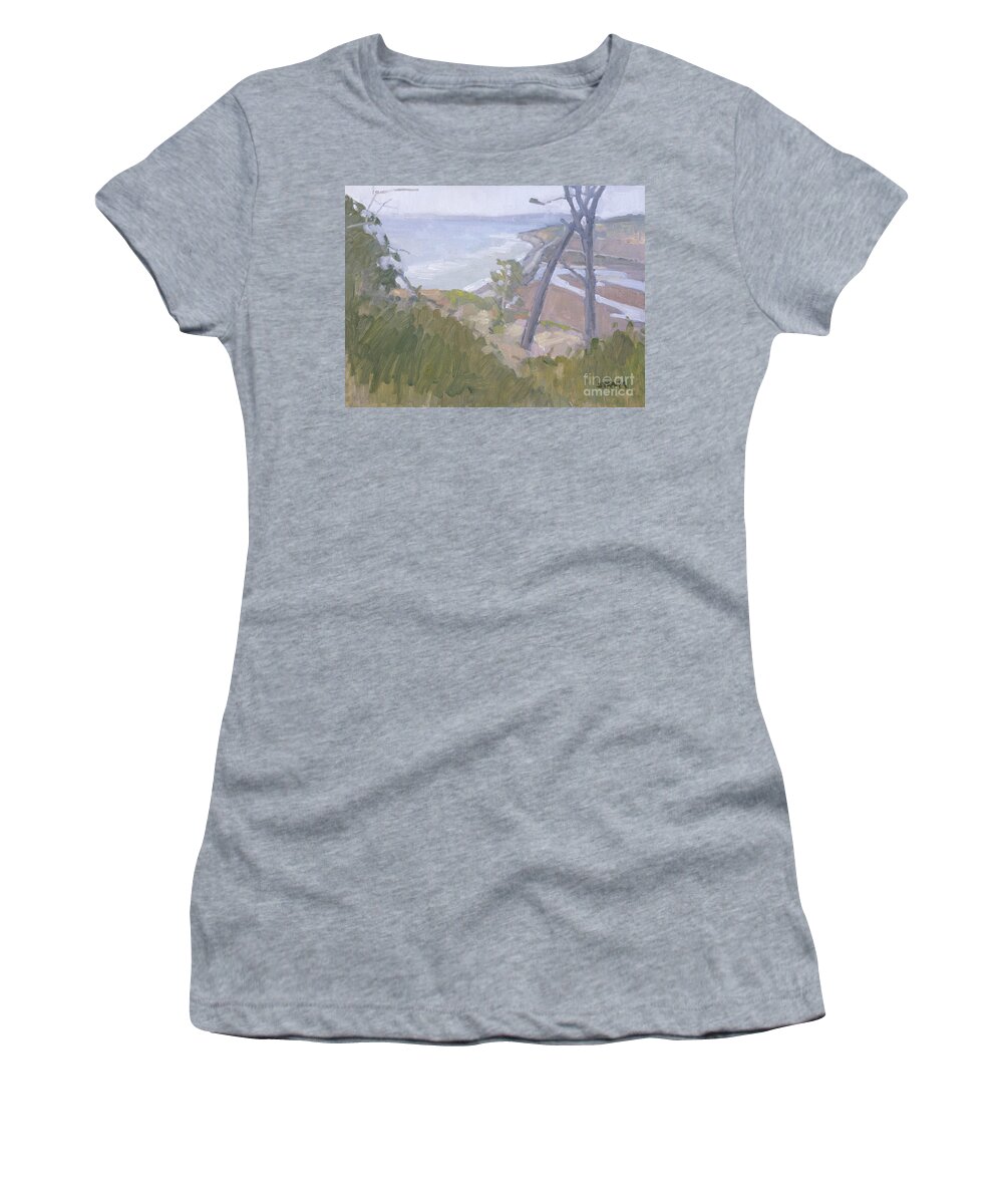 Torrey Pines State Reserve Women's T-Shirt featuring the painting View of Las Penasquitos Lagoon from Torrey Pines State Reserve - La Jolla, California by Paul Strahm