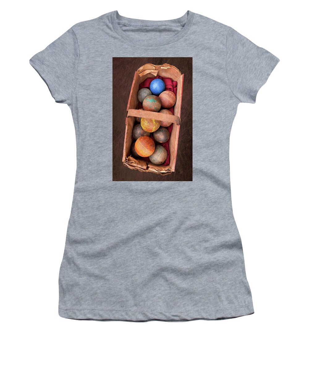Bocce Women's T-Shirt featuring the photograph Vintage Bocce Balls In Tattered Basket by Gary Slawsky