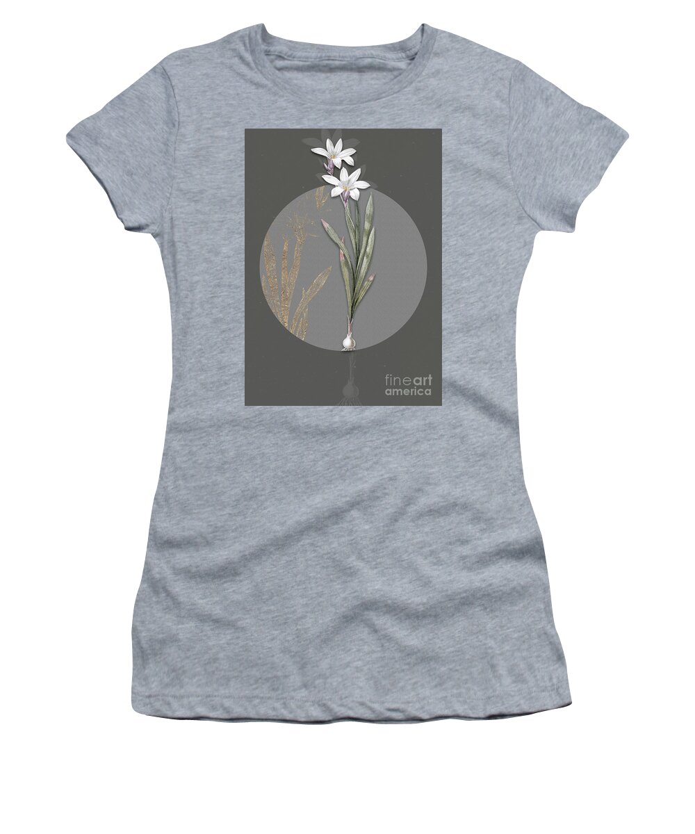 Vintage Women's T-Shirt featuring the painting Vintage Botanical Ixia Liliago on Circle Gray on Gray by Holy Rock Design