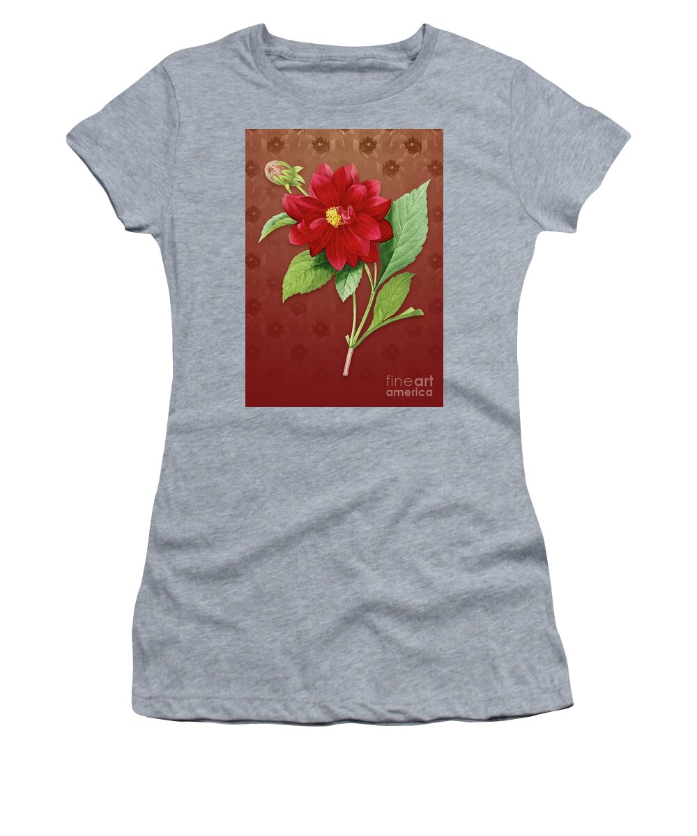 Vintage Women's T-Shirt featuring the mixed media Vintage Double Dahlias Botanical Art on Falu Red Pattern n.2505 by Holy Rock Design