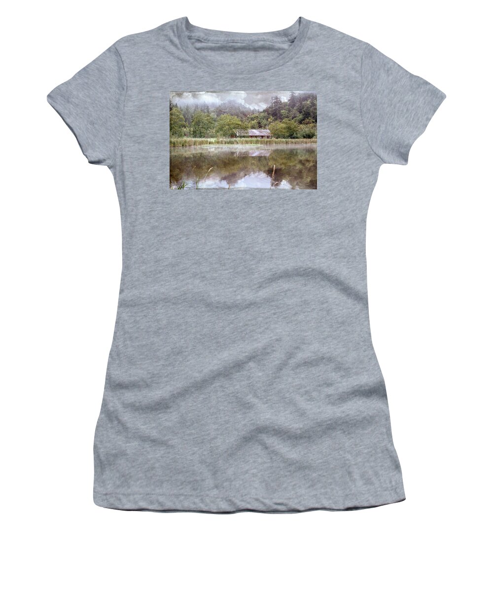 Barns Women's T-Shirt featuring the photograph Vintage Farm on the Edge of the Lake by Debra and Dave Vanderlaan