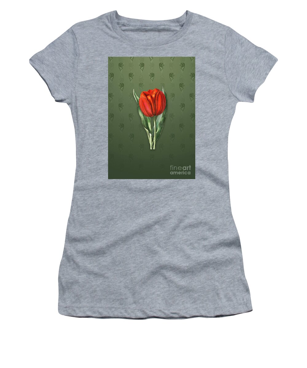 Vintage Women's T-Shirt featuring the mixed media Vintage Gesner's Tulip Botanical Art on Lunar Green Pattern n.0753 by Holy Rock Design