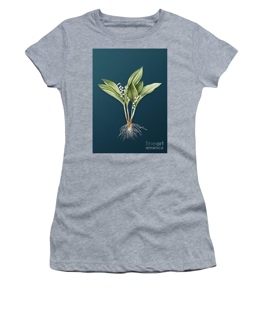 Vintage Women's T-Shirt featuring the painting Vintage Lily of the Valley Botanical Art on Teal Blue n.0599 by Holy Rock Design