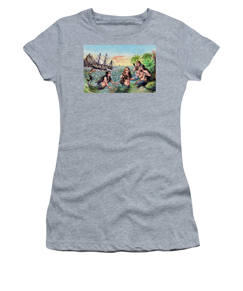 Mermaids Women's T-Shirt featuring the painting Vintage Mermaids and Schooner by Peggy Collins