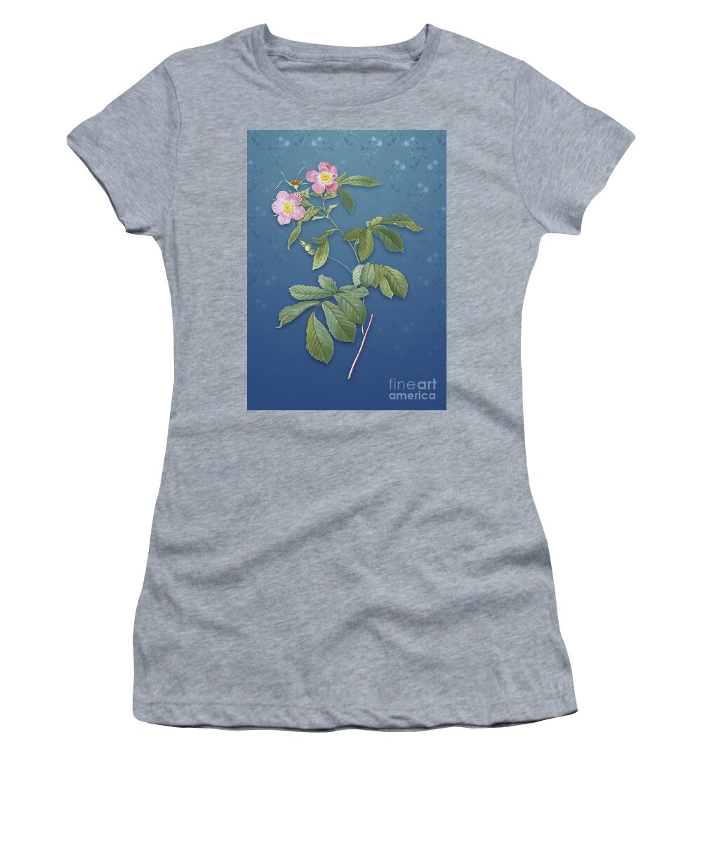 Vintage Women's T-Shirt featuring the mixed media Vintage Pink Alpine Roses Botanical Art on Bahama Blue Pattern n.1459 by Holy Rock Design