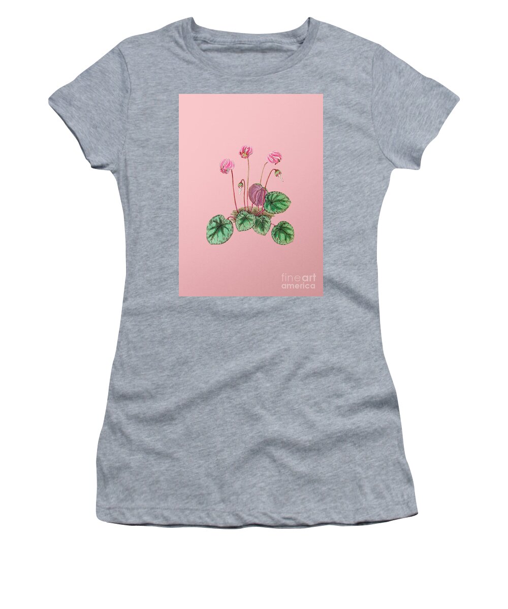 Holyrockarts Women's T-Shirt featuring the mixed media Vintage Shore Cyclamen Flower Botanical Illustration on Pink by Holy Rock Design