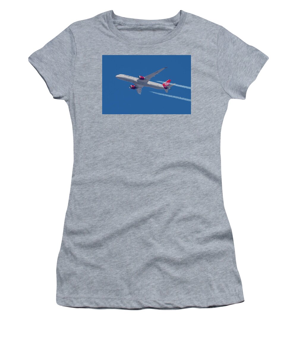 Virgin Atlantic Airlines Women's T-Shirt featuring the photograph Virgin Atlantic Dreamliner with Contrails by Erik Simonsen