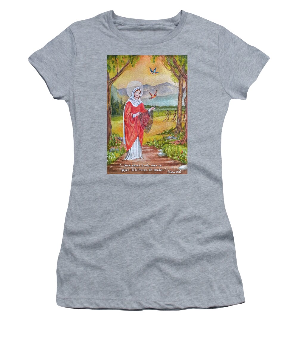 Watercolors Women's T-Shirt featuring the painting Virgin setting birds free from the snare of the fowlers by Carolina Prieto Moreno