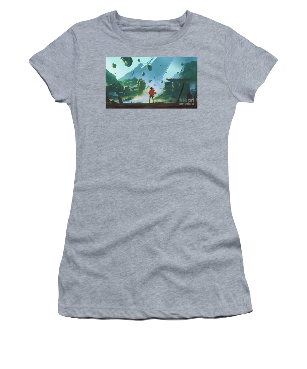 Illustration Women's T-Shirt featuring the painting Visit a lost village by Tithi Luadthong