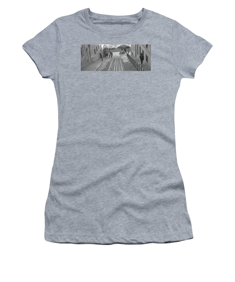 Lisbon Women's T-Shirt featuring the photograph Walking by the rails - Lisbon by Christina McGoran