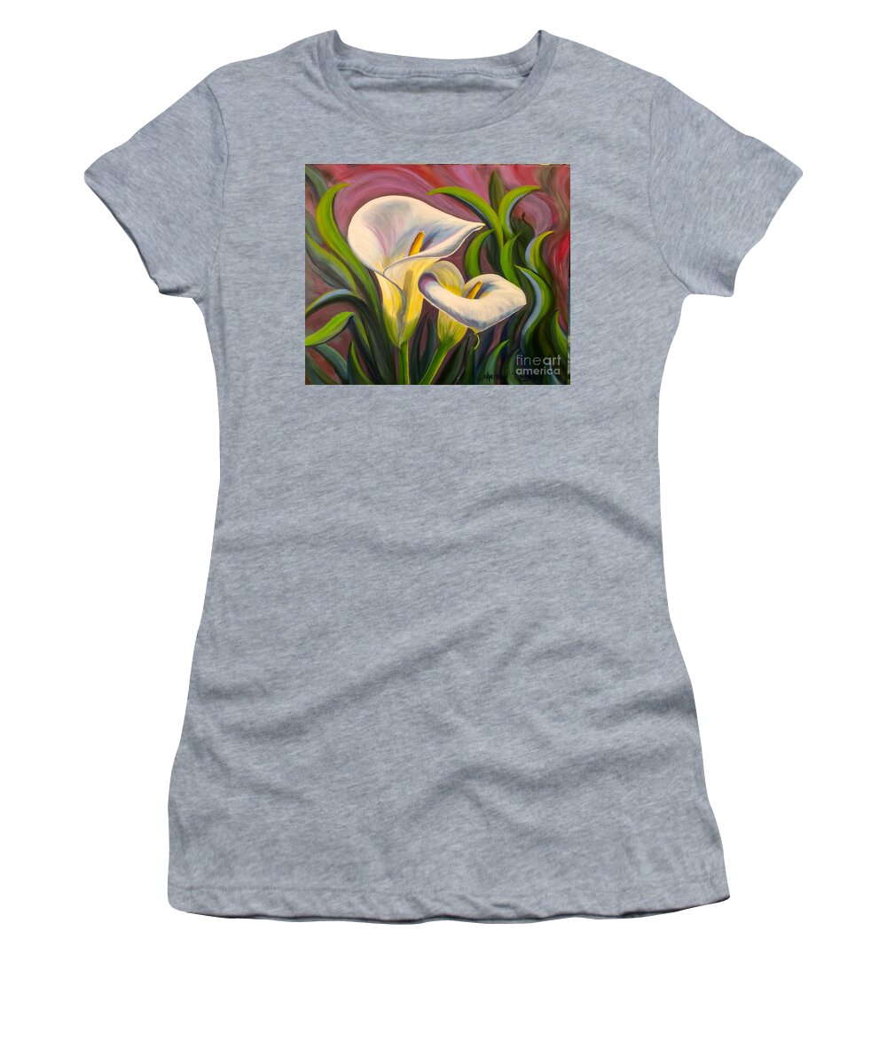 Oil Painting Women's T-Shirt featuring the painting Waltzing Calla Lilies by Sherrell Rodgers