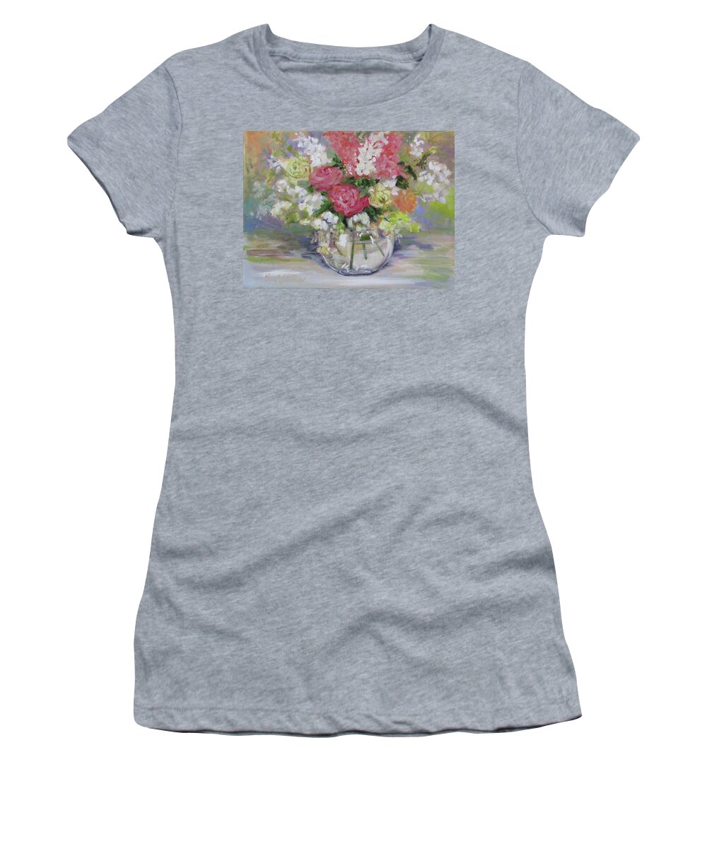 Floral Print Women's T-Shirt featuring the painting Water Vase With Pink Roses and White Flowers by Cheri Wollenberg