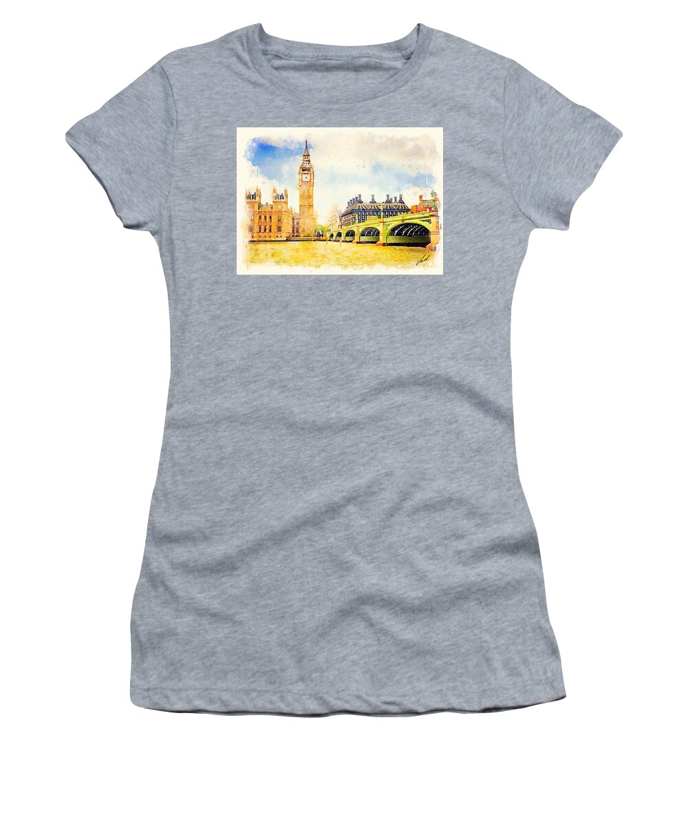 Watercolor Women's T-Shirt featuring the painting Watercolor Big Ben, London by Vart. by Vart Studio