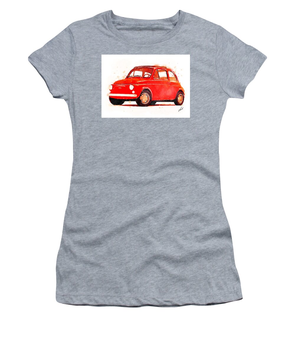 Watercolor Women's T-Shirt featuring the painting Watercolor classic Fiat 500 by Vart by Vart