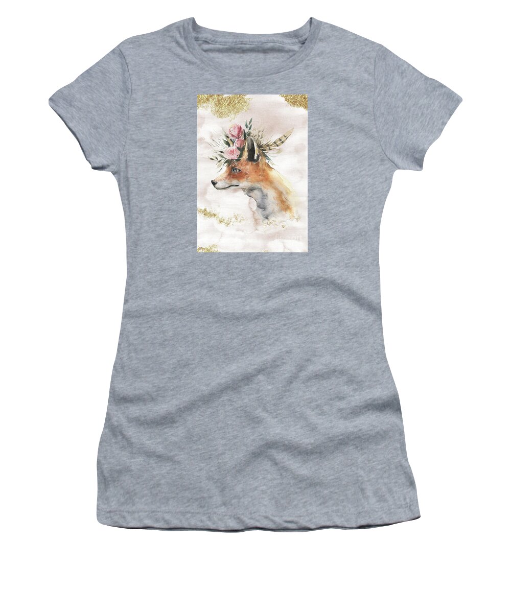 Watercolor Fox Women's T-Shirt featuring the painting Watercolor Fox With Flowers And Gold by Garden Of Delights