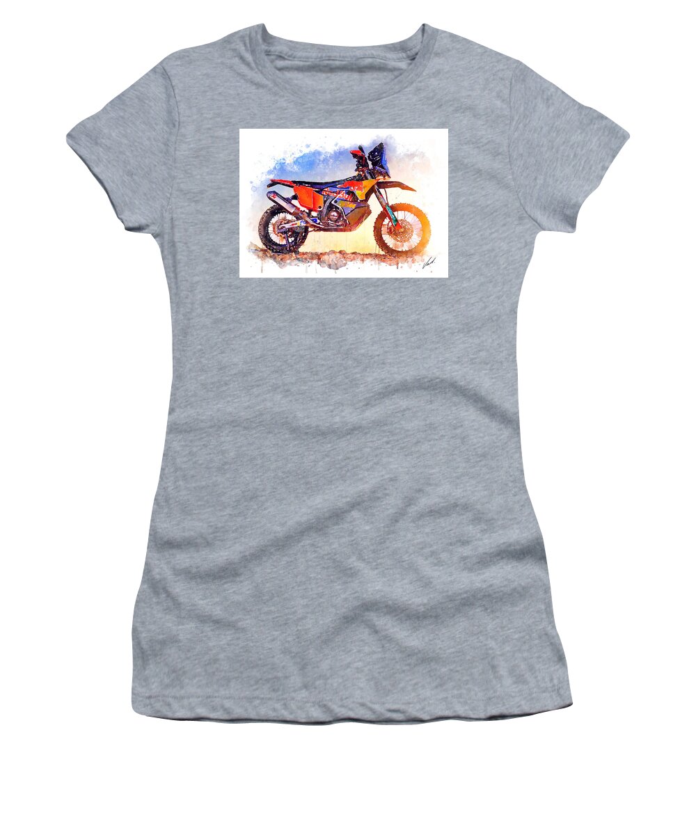 Adventure Women's T-Shirt featuring the painting Watercolor KTM 450 Rally Dakar motorcycle - oryginal artwork by Vart. by Vart Studio