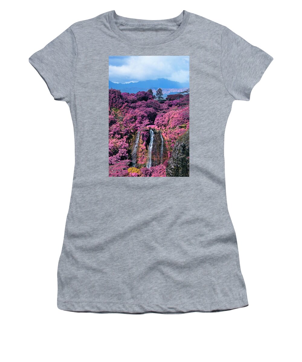 Waterfall Women's T-Shirt featuring the photograph Waterfall Kauai Hawaii by Douglas Barnard