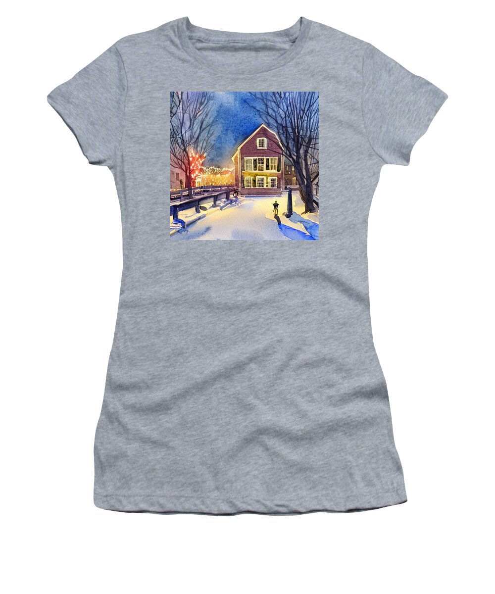 Waterloo Village Women's T-Shirt featuring the painting Waterloo Village, Morris Canal at Night 2 by Christopher Lotito