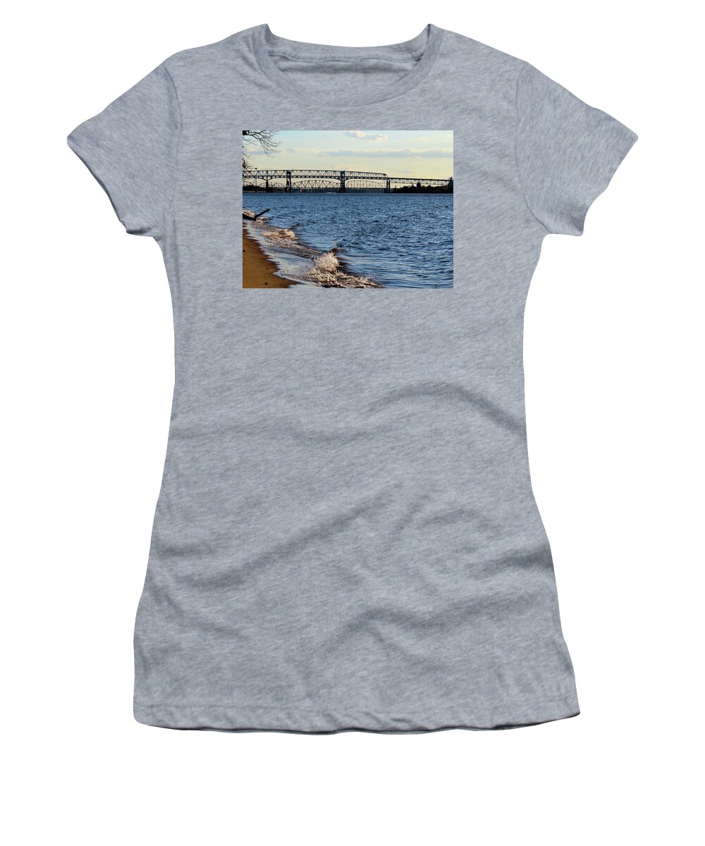 River Women's T-Shirt featuring the photograph Waves Lapping the Shore of the Delaware River Near Betsy Ross and Delair Memorial Railroad Bridges by Linda Stern