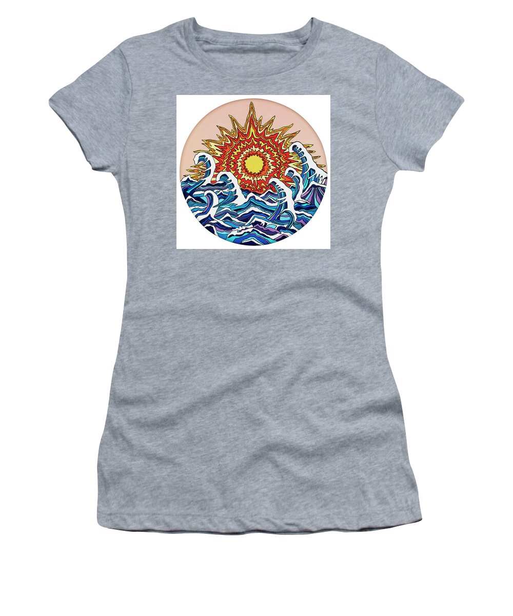 Sun Waves Ocean Women's T-Shirt featuring the painting Waving around the Sun by Mike Stanko
