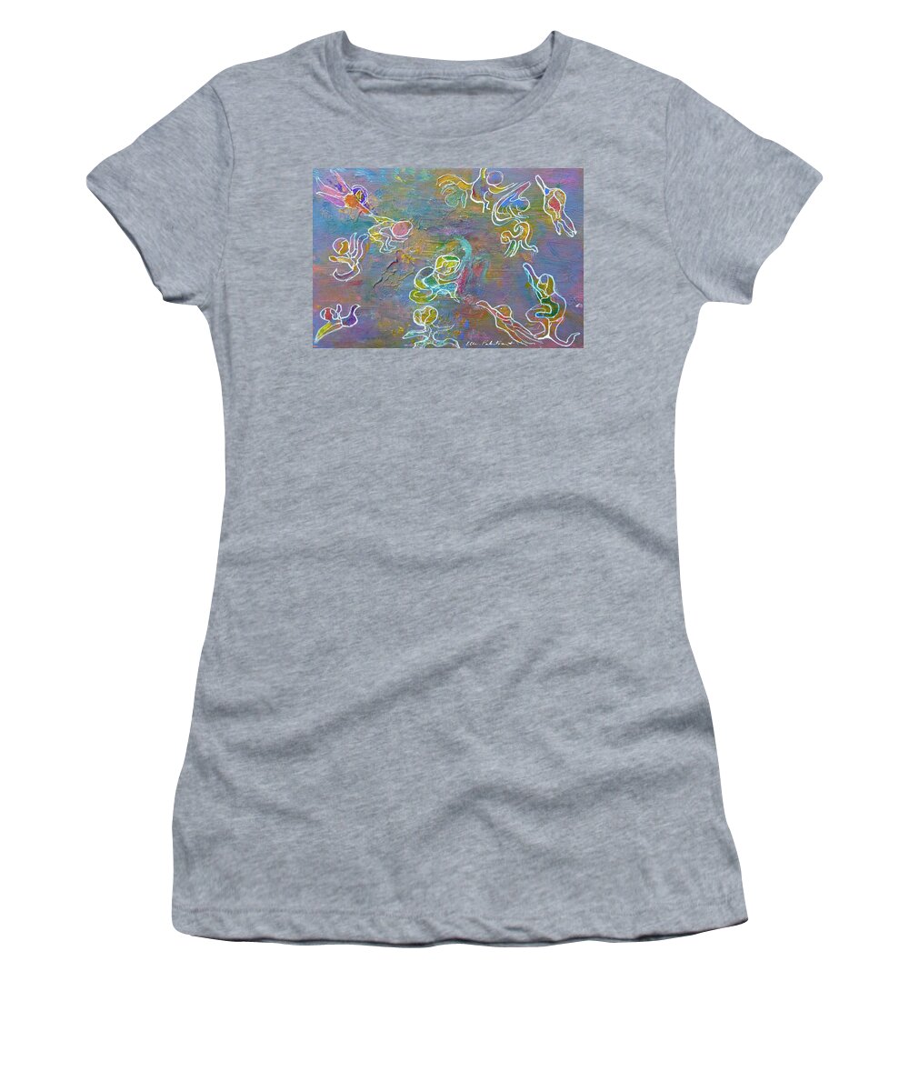 Ellen Palestrant Women's T-Shirt featuring the painting We Are The Glimpsibles Flying Through The Sky by Ellen Palestrant
