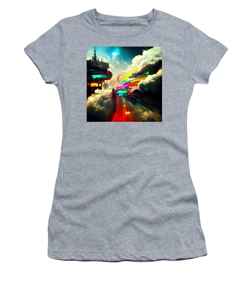 Cyberpunk Women's T-Shirt featuring the painting Welcome to Cloud City, 04 by AM FineArtPrints