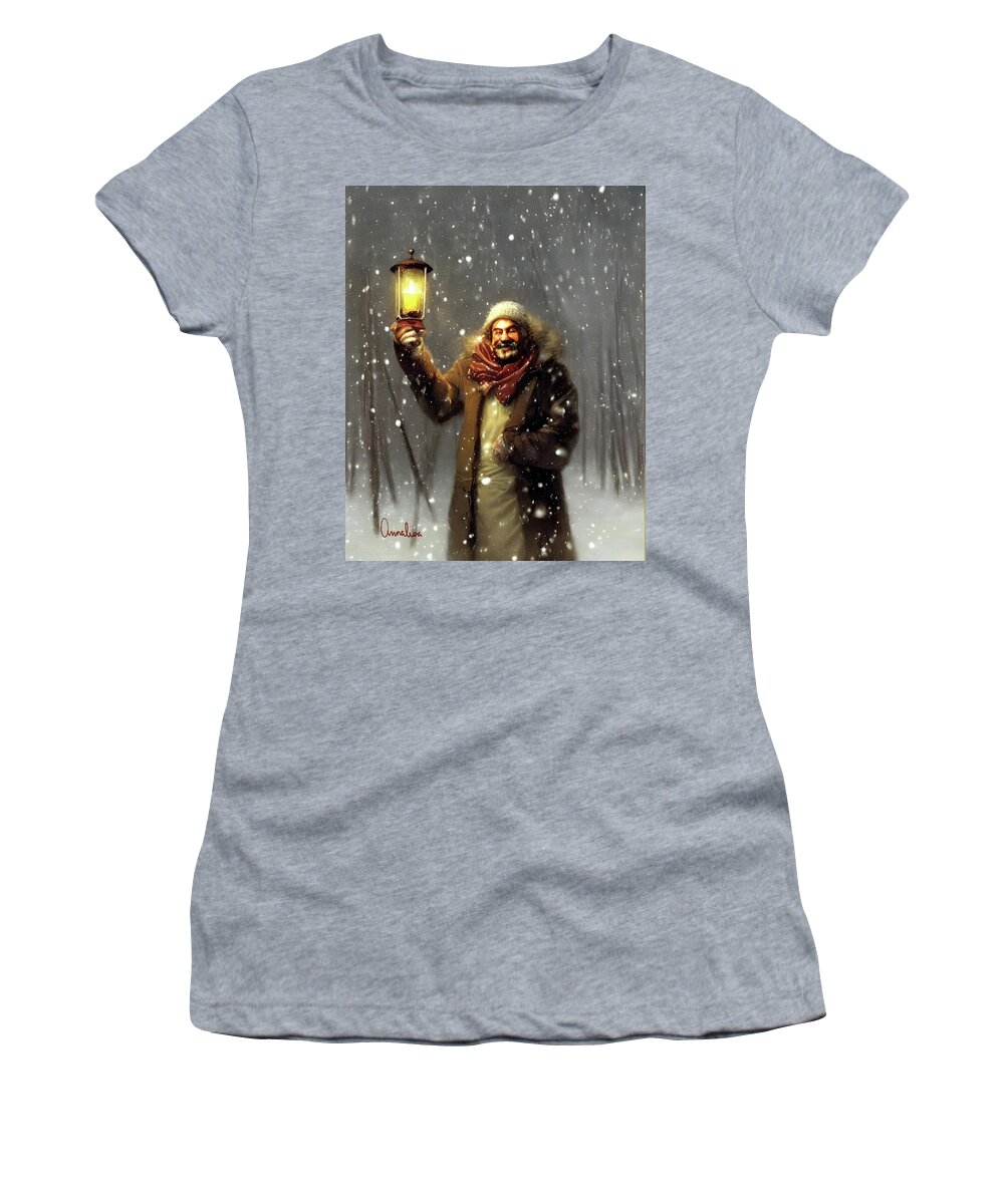 Snowstorm Women's T-Shirt featuring the digital art Welcoming Fellow in the Snow by Annalisa Rivera-Franz