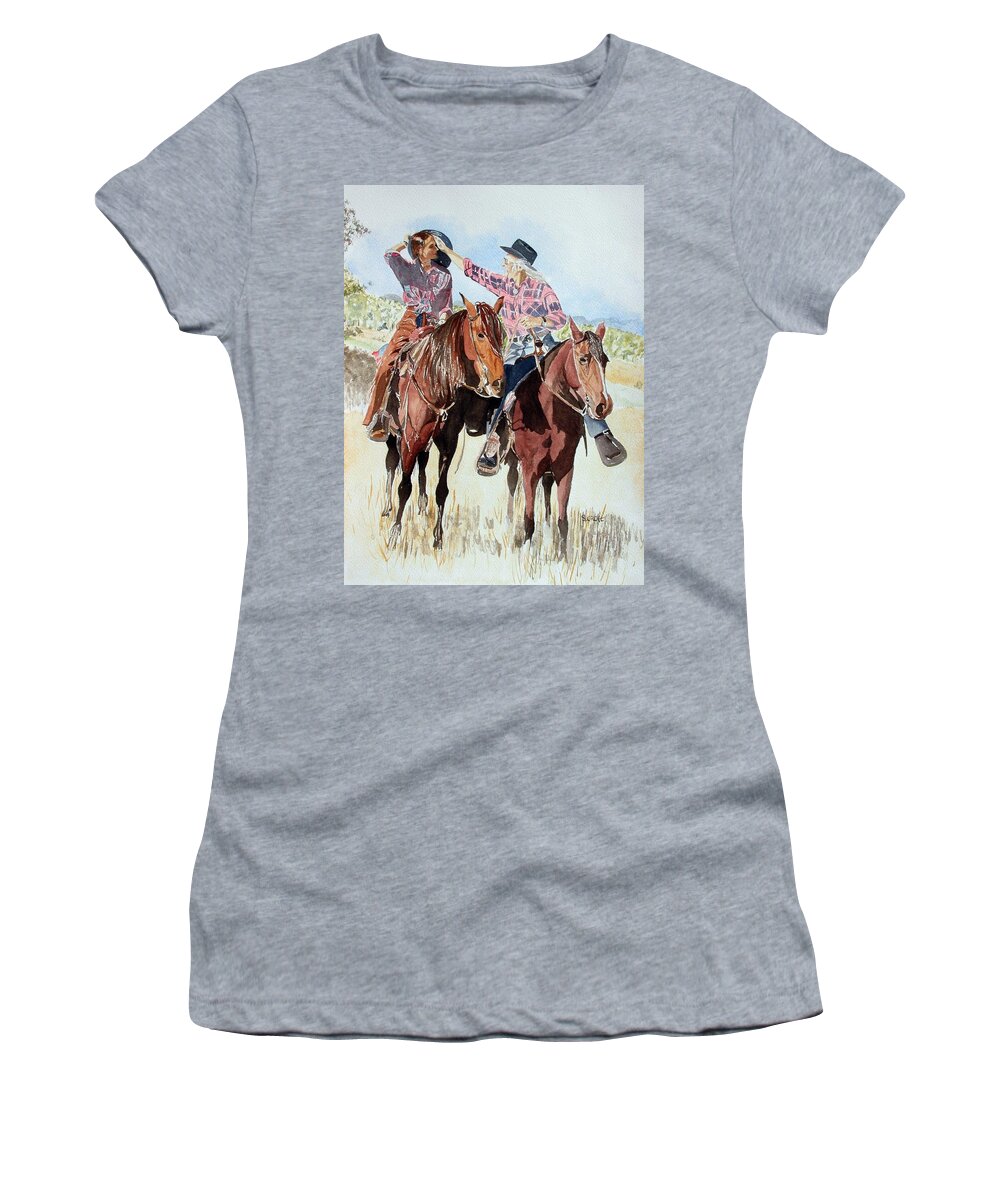 Horses Women's T-Shirt featuring the painting Western Romance by Sandie Croft