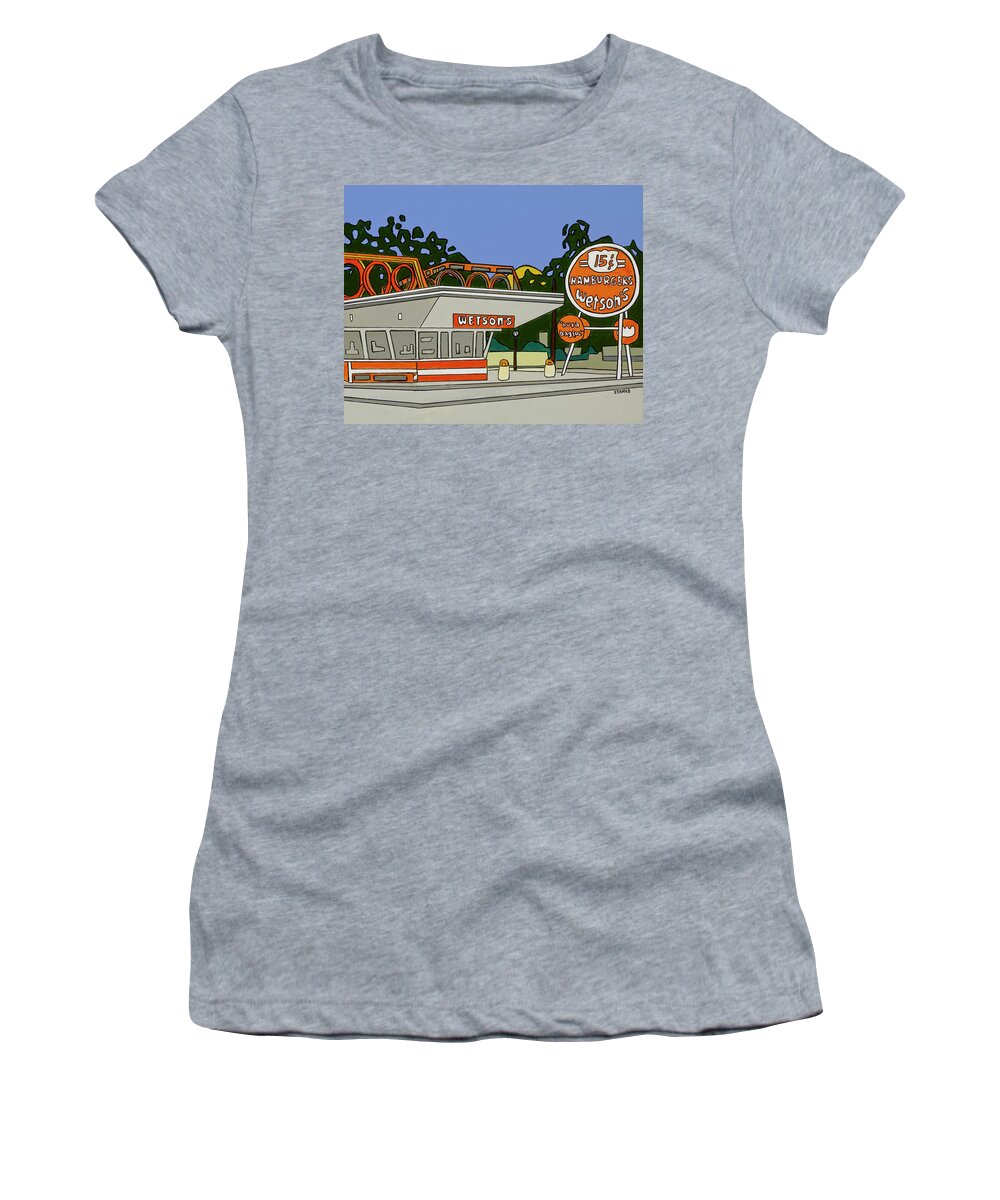 Wetson's Hamburgers French Fries Hamburger Chain Women's T-Shirt featuring the painting Wetson's by Mike Stanko