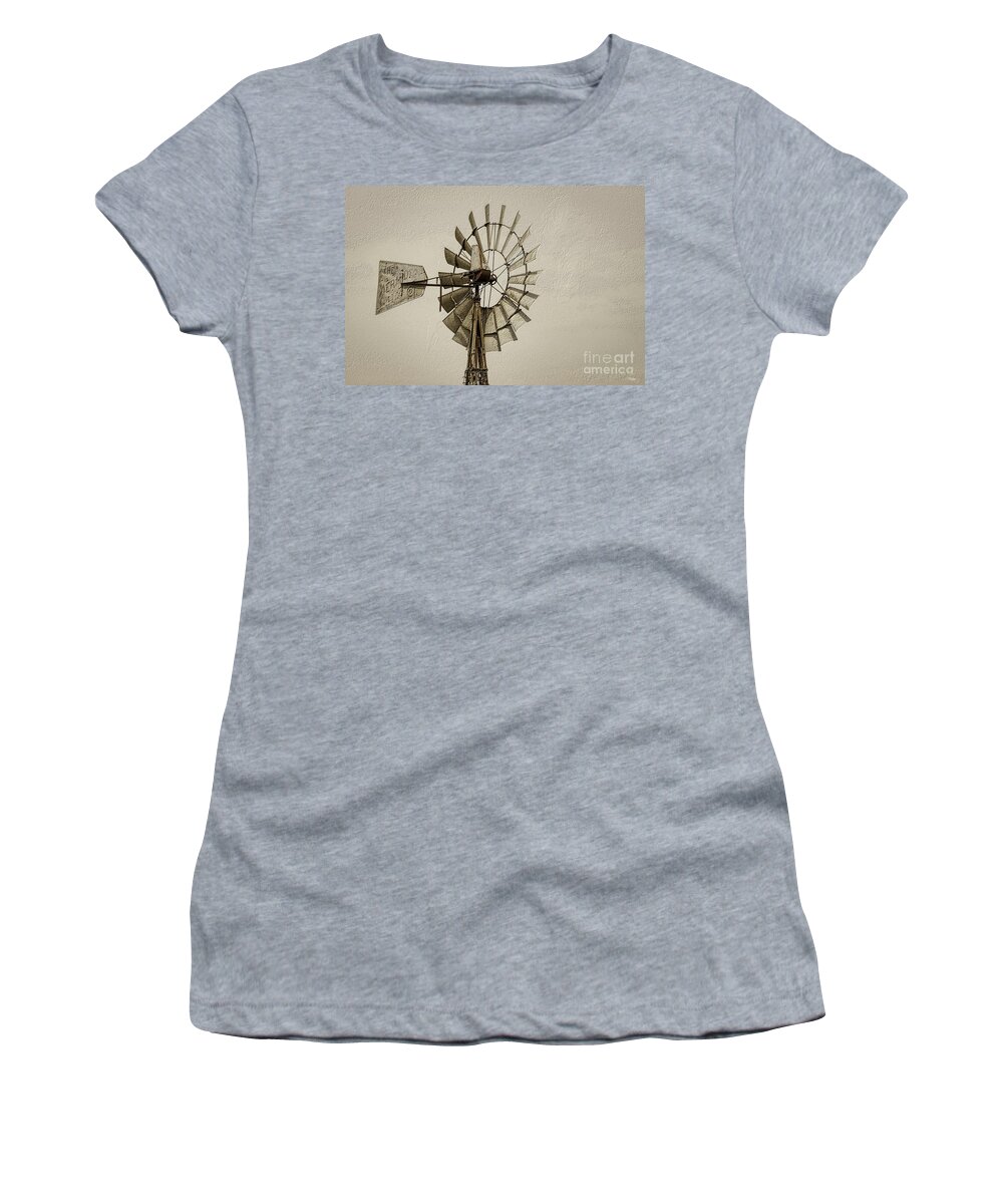 Windmill Women's T-Shirt featuring the photograph Wheel Of A Windmill Sepia by Jennifer White
