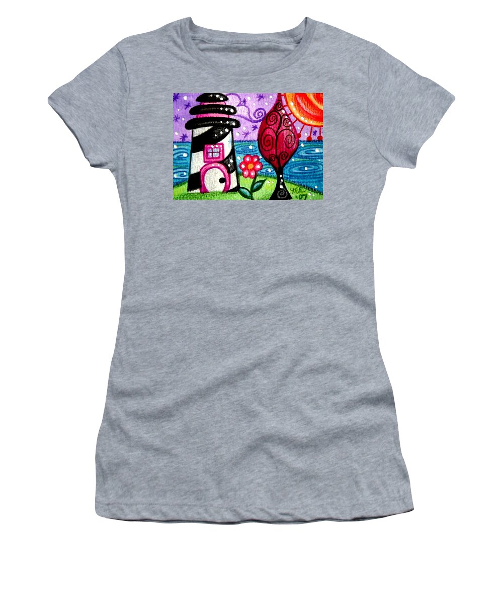 Whimsical Women's T-Shirt featuring the painting Whimsical Black White Lighthouse by Monica Resinger