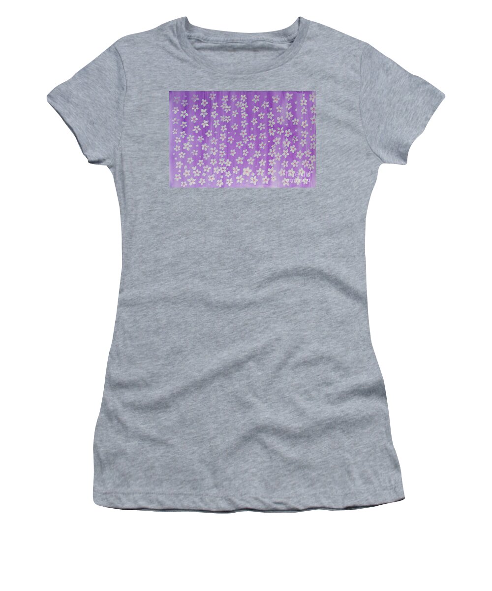 Flower Women's T-Shirt featuring the painting White cherry flowers on purple background, illustration watercolor by Irina Afonskaya