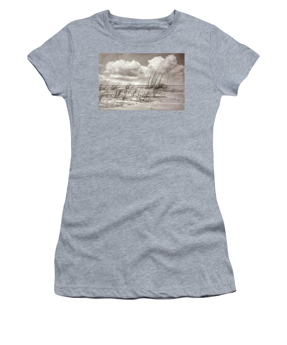 Clouds Women's T-Shirt featuring the photograph White Clouds over White Sands in Sepia by Debra and Dave Vanderlaan