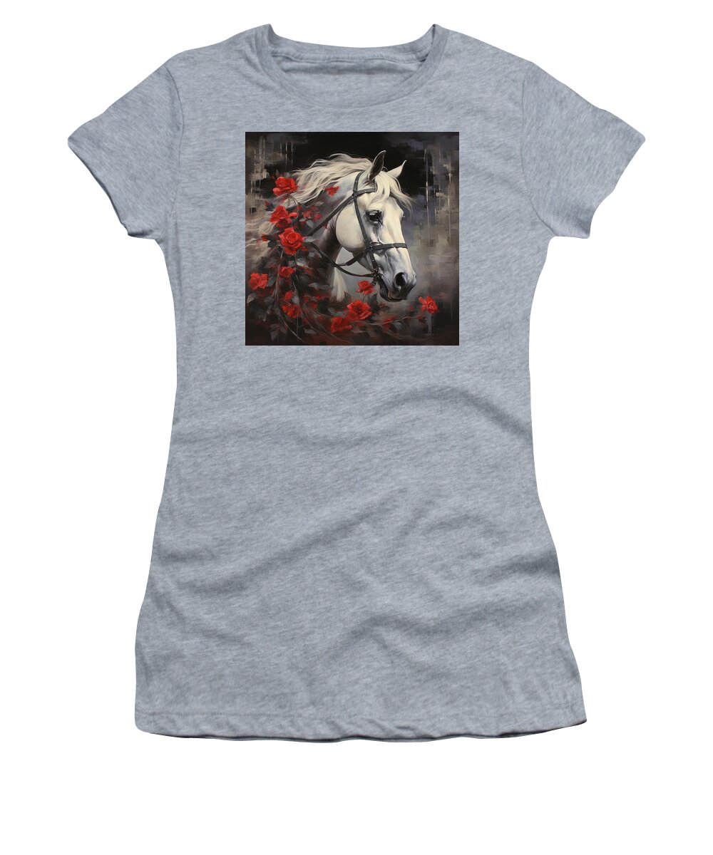 White Horse With Roses Women's T-Shirt featuring the painting White Horse and Red Roses by Lourry Legarde