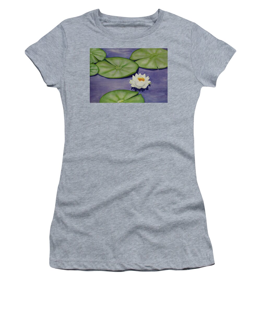 Kim Mcclinton Women's T-Shirt featuring the painting White Lotus and Lily Pad Pond by Kim McClinton