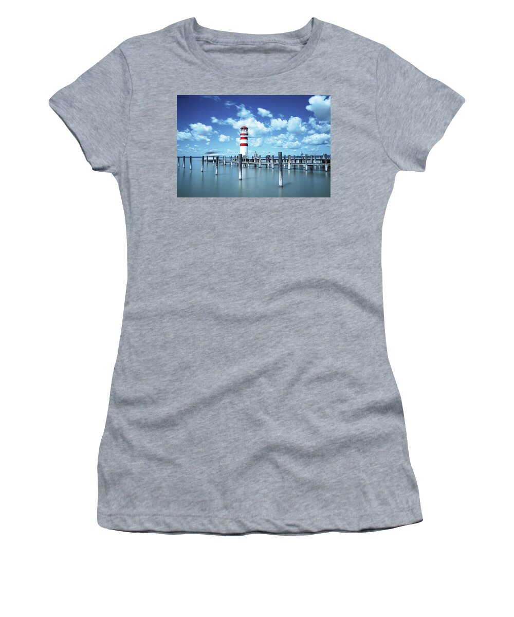 Destinations Women's T-Shirt featuring the photograph White-red lighthouse in Podersdorf am See by Vaclav Sonnek