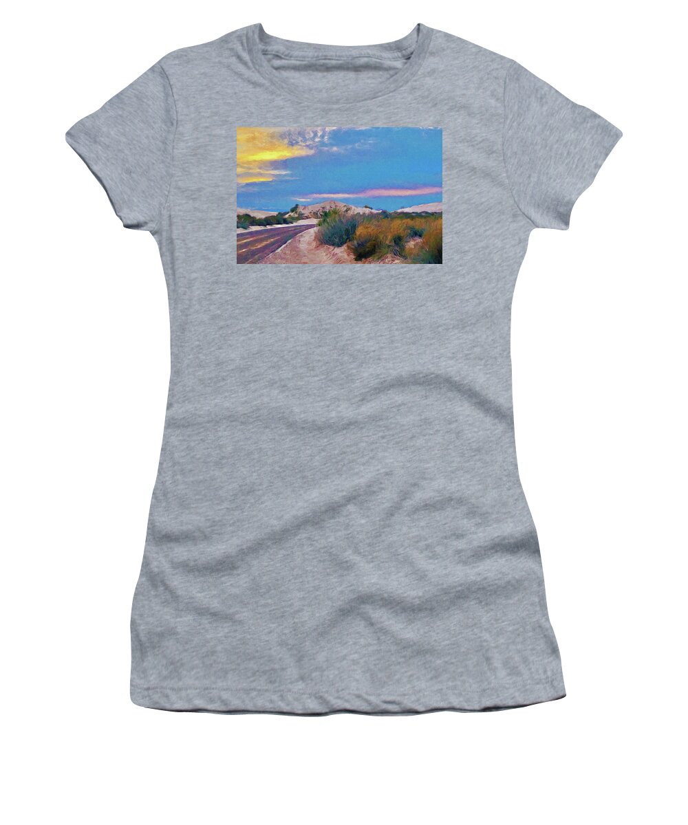 White Sands Women's T-Shirt featuring the digital art White Sands New Mexico at Dusk Painting by Tatiana Travelways
