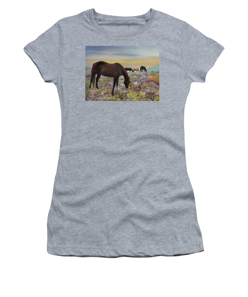 Pryor Horse Range Women's T-Shirt featuring the painting Wild in Montana by Jan Chesler