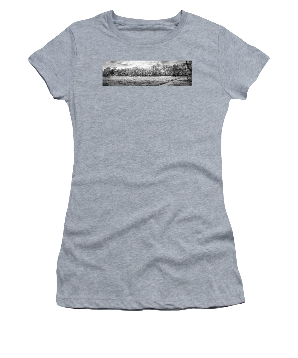 Carolina Women's T-Shirt featuring the photograph Wildflower Meadow Panorama Black and White by Debra and Dave Vanderlaan